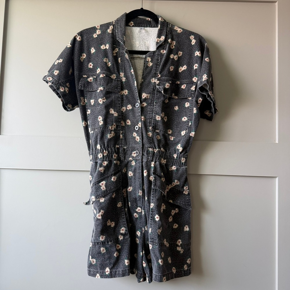 RVCA Women's M Dark Gray Floral Cotton Utility Romper Button Front Pockets